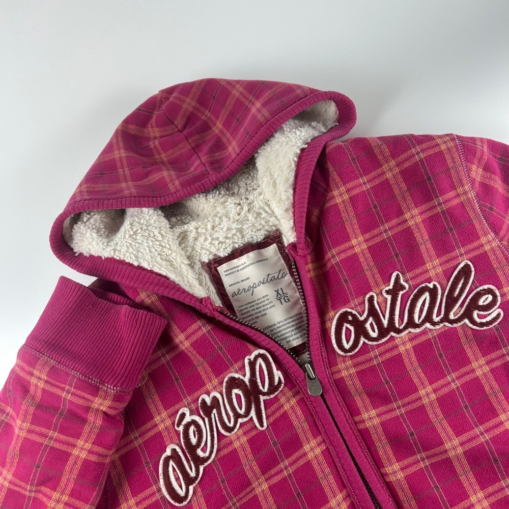 Aeropostale WMNS XL Y2K Pink Plaid Sherpa Lined Full Zip Hoodie Logo Sweatshirt